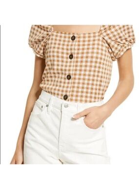 Gingham Jacquard Square Neck Puff Sleeve Top